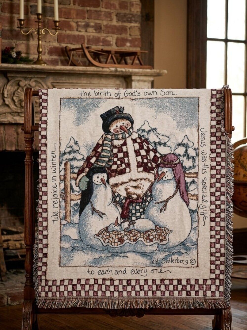 Vintage throw blanket Heidi Satterberg Snowman Nativity Woven Tapestry Fr